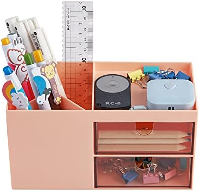 LETURE Office Desk Organizer with drawer, Office Supplies and Desk Accessories, Business Card/Pen/Pencil/Mobile Phone/Stationery Holder Storage Box (Pink)