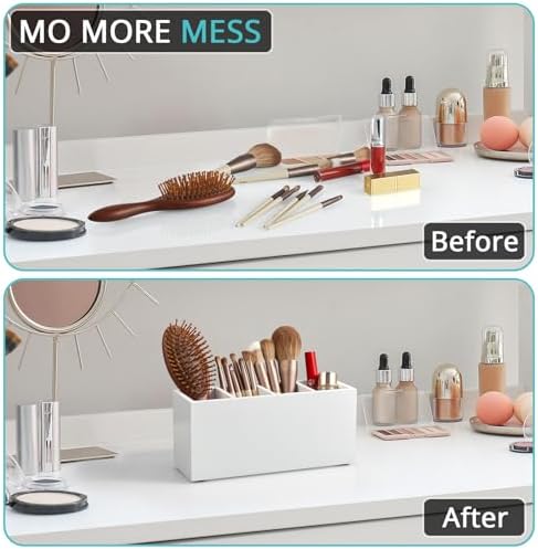 Bivvclaz Pencil Pen Holder for Desk, Wooden Office Desk Organizers and Accessories with 4 Slots for Countertop, Makeup Brush Holder Organizer for Bathroom Vanity, Silverware Caddy for Party, White