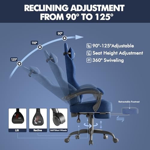 Soontrans Dark Blue Velvet Fabric Gaming Chair for Adult, Ergonomic Comfortable Video Gamer Chair with Footrest, Reclining Office Computer Desk Game Chairs with Massage Lumbar Cushion,Headrest