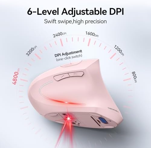 TECKNET Ergonomic Mouse, 4800 DPI Wireless Bluetooth Vertical, 3-Device