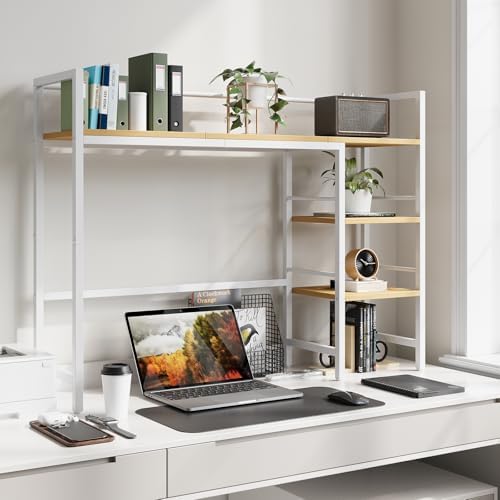 HavenlyYouth Desk Shelf, 38.6 Inch Wood Desk Organizer Shelf for Computer Monitor, Desk Hutch Storage, Desktop Shelf for Top of Desk, 3 Tier Desktop Bookshelf for Home Office Dorm, White
