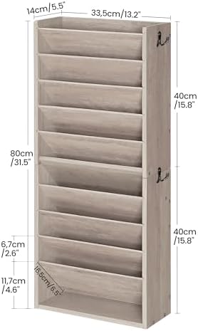 CHOEZON Wall File Organizer, 10-Tier Hanging Mail Organizer, Wall Mount File Holder with 4 Side Hooks, Industrial Mail and Storage Organizer, Wooden Vertical Hanging Holder for Office, Greige MWJ03FH