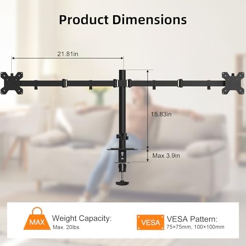Pholiten Dual Monitor Mount for up to 42Inches, Supports 22 lbs Each