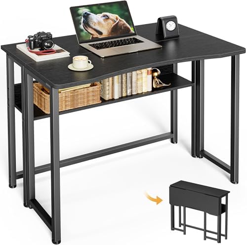 Huuger Folding Desk with Storage Shelf, 31.5 Inch Foldable Computer Table