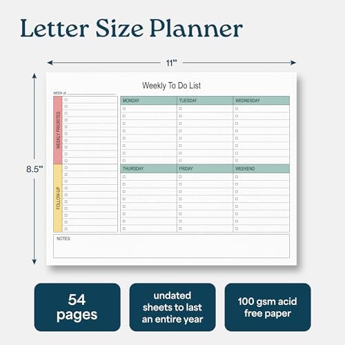 Weekly Planner Pad 52 Tear-Off Sheets Undated 8.5 x 11 Desk Pad