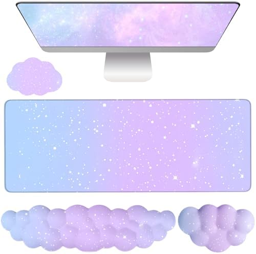 Cloud Mouse Pad Keyboard Wrist Rest 4PCS Extended Large Galaxy Stars Desk Mat Pad Set Memory Foam Non-Slip Cute Ergonomic Gaming Mouse Pad Wrist Support for Computer Home Office Purple Blue