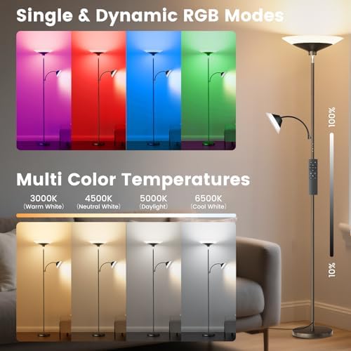 SIBRILLE RGB Torchiere Floor Lamp - 2 Way Dimmable LED Standing Lamp with Remote&Button Control, 34W Rotatable Floor Reading Light, 72'' Tall Modern Corner Lamp for Living Room Bedroom Office, Black