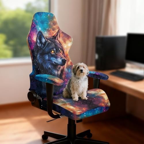 Wolf Game Chair Cover Stretchable Galaxy Space Office Seat Covers with Armrest Covers Rotating Desk Chairs Protector Cover Decor for Home Set of 4