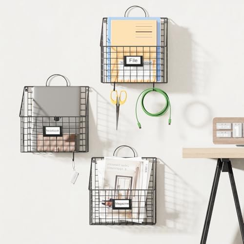 3 Packs Hanging Wall File Organizer with Hooks, Magazine Rack ,Mail Basket