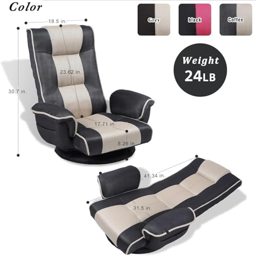 Ergonomic Gaming Chair, 6-Position Reclining Sofa Bed with Lumbar Support, Foldable Floor Lounger with Thick Cushion, Armrests & Side Pockets for Reading, Gray/Beige