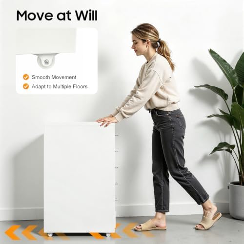 6 Drawer File Cabinet with Lock, Freestanding Filing Metal Drawers Organizer Vertical Metal Rolling Organizer Movable Under Desk Cabinet with Wheels for Home Office Living Room Study (6 Tiers White)