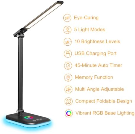 LED Desk Lamp,5 Color Modes, USB Charging Port for Home Office Dimmable Eye Caring Table Light with Timer for Work Study,Reading Lamp Touch Control with RGB,Flexible Rotation Design