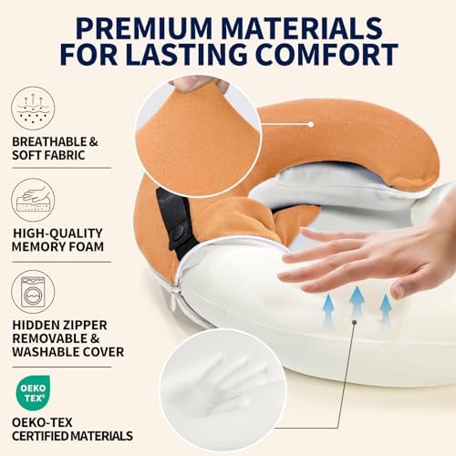BUYUE Travel Neck Pillows for Airplanes, Memory Foam 360° Head Support Sleep for Long Flight, Skin-Friendly & Breathable, Kit with Eye Mask, Earplugs and Storage Bag (Adult, Orange, 90+ lbs)