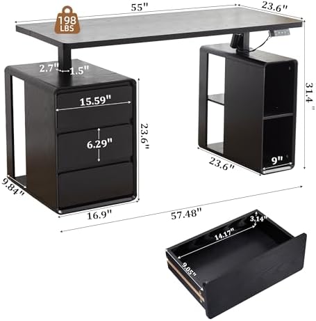 Electric Standing Desk with Drawers, 55" Office Desk Height Adjustable Executive Desk with Storage Shelves, Simple Setup Wood Desk Home Office Stand up Desk for Work, Study, Writing, Black