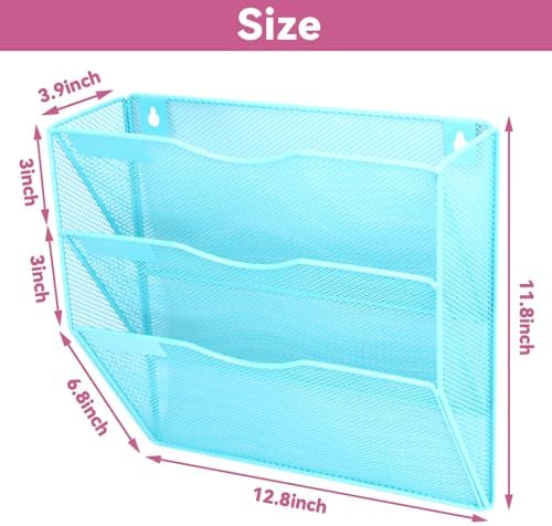 3 Pockets Mesh Wall File Holder Organizer Office Hanging File Folder Magazine Rack, Nametag Label Hooks Set Included (Blue)