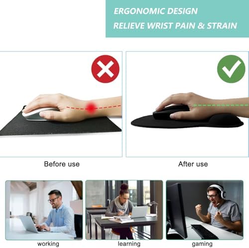 Mouse Pad with Wrist Support, Ergonomic Mousepad with Comfortable Memory Foam Wrist Rest Cushion, Relieve Wrist Pain, Non-Slip Rubber Base Gaming Mice Pad for Home Office Computer Laptop, Black