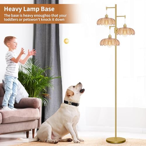 Gold Floor Lamps for Living Room Bedroom-3 Light Glass Floor Lamp with Three Led Bulb, Flower Tall Floor Lamp Dimmable Mid Century Modern Standing Lamp Vintage Tree Floor Lamps for Bedroom Corner