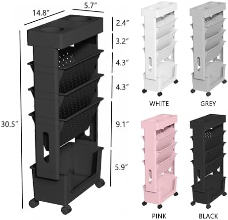 5-Tier Rolling Bookshelf Magazine Rack with Wheels Black
