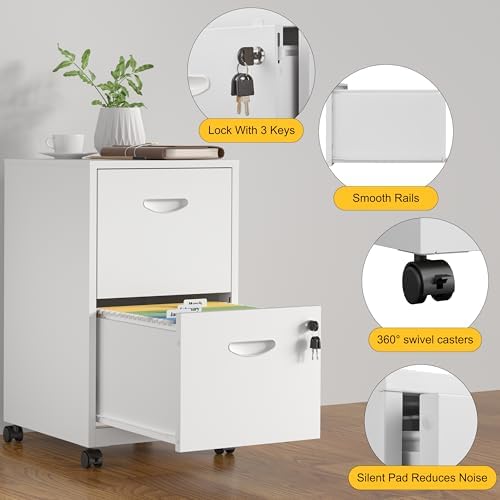 SteeLoong 2 Drawer File Cabinet,Metal Mobile File Cabinet with Lock White