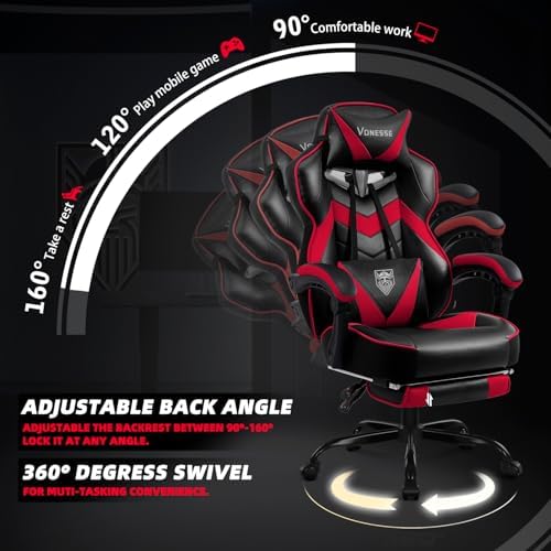 Vonesse Gaming Chair, High Back Gaming Chair with Footrest and Massage, Gaming Chairs for Adults with Pocket Spring Cushion, Big and Tall Reclining Computer Chair with Lumbar Support (Red/Black)