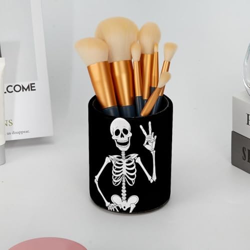 Funny Skeleton Pen Holder Pencil Organizer Cute Pencil Cup Desk Decor Makeup Brush Holder PU Multifunctional Office Supplies for Home Classroom School