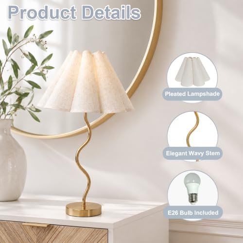 Gold Pleated Table Lamp, Modern Bedside Lamp with Wavy Scalloped Shade