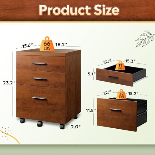 DEVAISE 3 Drawer File Cabinet, Wood Under Desk Filing Cabinet, Walnut