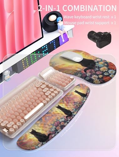 Hokafenle 2in1 Combination, Wave Keyboard Wrist Rest and Ergonomic Curvature Mouse Pad Wrist Support for Relieve Wrist Pain, Filled with Soft Cushion Memory Foam, Wishing Cat