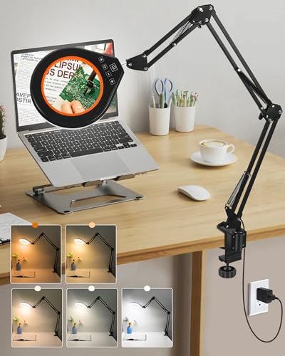 Real Glass Magnifying Lamp, 10X/5X, 10 Brightness, LED, Long Arm, Orange
