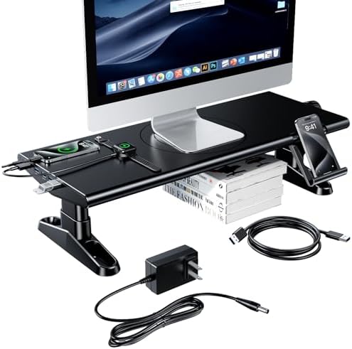 Computer Monitor Stand Riser for Desk with Usb Hub Charging,30W/5Gbps Usb C Docking Station with Power,4.4-5.7''Freely Height Adjustable with Phone Stand,Monitor Stands Riser for PC,Laptop,Printer,TV