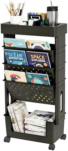 5-Tier Rolling Bookshelf Magazine Rack with Wheels Black