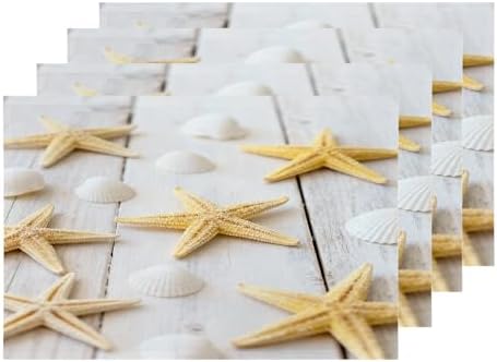 Shrahala White Beach Beige Set Of 4 12 X 18 Inch Linen Placemats , Sea Shell Starfish Background Beach Shells Burlap Table Mat Washable Double Layered Heat Insulation For Indoor/Outdoor