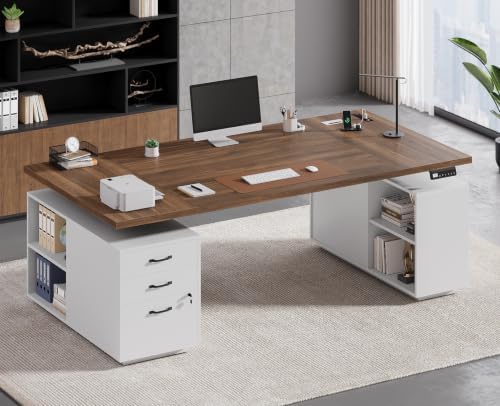 71" Electric Standing Desk with Drawers, Electric Height Adjustable Executive Desk with Lockable File Cabinet, Home Office Desk, Open Storage Compartments, Built-in Power Outlet, White