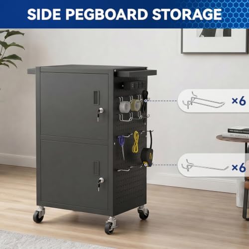 Mobile AV Cart Heavy Duty Computer Cart with 2 Locking Cabinets Rolling Media Cart with Outlets Pegboard Hooks Lock Brake Wheels Mobile Computer Workstation Perfect for Home Office