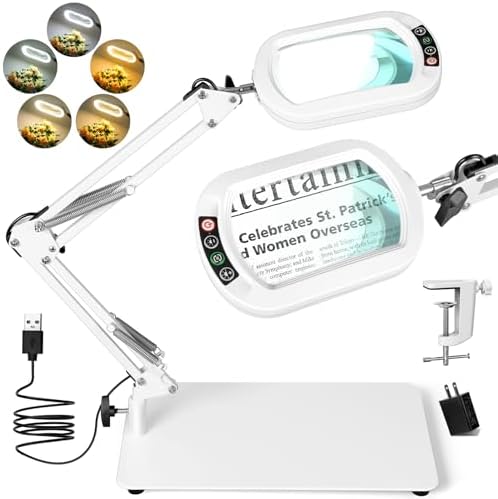 Drdefi 12X Square Magnifying Glass with Light and Stand, Real Glass LED Lighted Magnifier, 5 Color Modes Stepless Dimmable, Hands-Free Mag Desk Lamp with Clamp for Reading Craft Hobby Close Work White