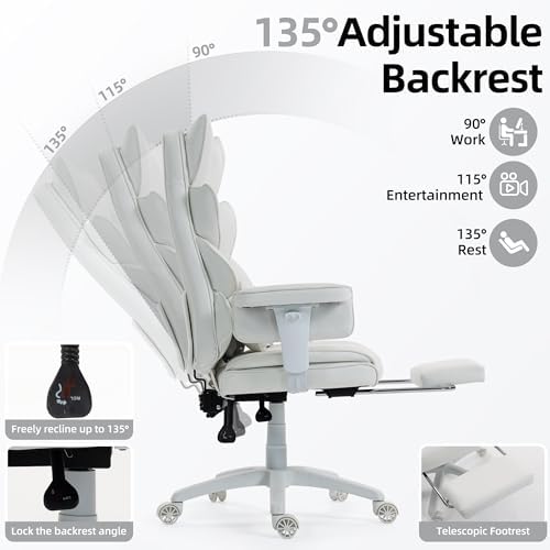 Office Chair,Executive Ergonomic Office Chair with Pocket Spring Cushion, High Back Computer Gaming Chair with Adjustable Armrests, Lumbar Support, Footrest, Executive Chair- White PU Leather