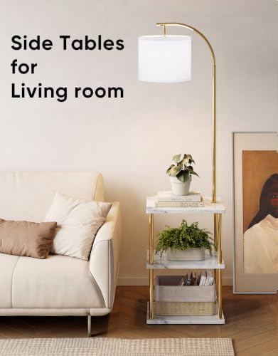 PARTPHONER Floor Lamp with Table, Night Stand with Lamp, Narrow Side Table with 3CCT LED Bulb, Small Coffee Table, Modern End Table with Storage Shelves for Living Room, Marble White and Gold Poles