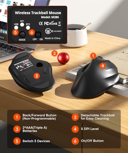 Ergonomic Wireless Trackball Mouse, Bluetooth & 2.4G Multi-Device