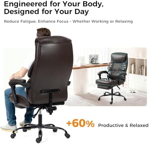 Office Chair, Executive High Back Leather Home Office Desk Chair with Footrest & Lumbar Support - Ergonomic Reclining Comfortable Wide Swivel Rolling Gaming Computer Chair 90-135° Adjustable Tilt Lock