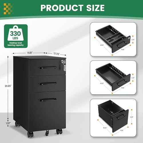 3 Drawer Slim File Cabinet, Mobile Filing Cabinet with Lock,Black Rolling Narrow File Cabinets with Casters, Under Desk Office Cabinets for Home Office,Fit A4/Letter/Legal(Unassembled)