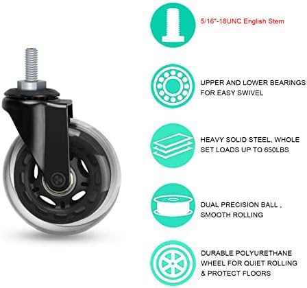 Hirate 3 inch Office Chair Casters Wheel with 5/16"-18UNC Threaded Stem