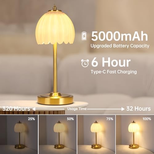Shenmoyl Tulip Table Lamp with 5000mAh Battery & Touch Control, Cordless Table Lamp with 3 Colors, Dimmable Rechargeable Table Lamps for Bedroom, Nightstands, Living Room, Entryways (White Tulip)