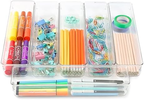 6 Set Clear Plastic Junk Drawer Organizer Vanity Curlery Utensil Makeups Organizer for Kitchen 12'' X 3''
