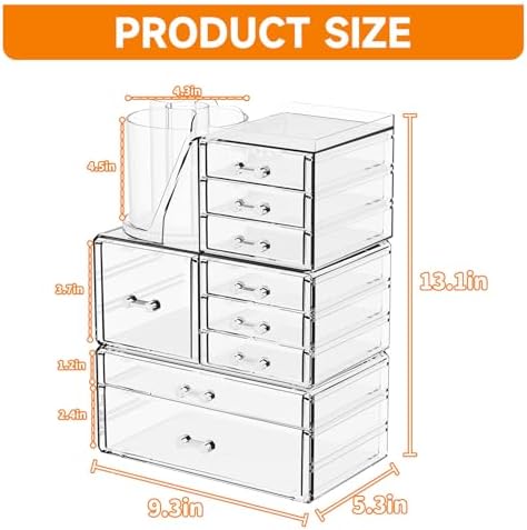 SuoXing 3 Pack Clear Acrylic Makeup Organizer for Vanity With 9 Drawer, Skincare Organizers Countertop With Make up Brush Holder,Bathroom Make up Drawer Storage for Beauty,Hair Accessories Organizer