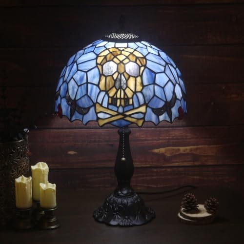 Tiffany Style Stained Glass Skull Lamp, Gothic Pirate Table Lamp, Halloween Home Decor Accent Light (Bulb Not Included, 12x12x19 in)