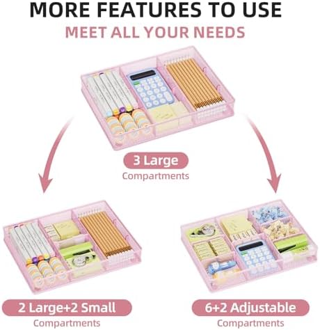 Marbrasse Desk Drawer Organizer, Metal Mesh Drawer Organizer Tray with 5 Adjustable Compartments,Desk Organizers and Accessories for Home,Office,Kitchen,Makeup,Vanity (Pink,2Pack)