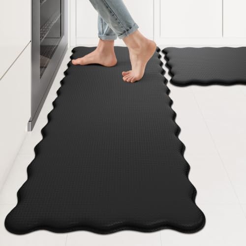 KIMODE Scalloped Kitchen Mats for Floor Cushioned Anti Fatigue Black Wavy