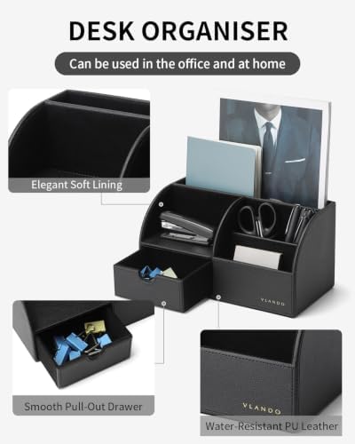 VLANDO Desk Organizer, 6-Compartment Faux Leather Desk Storage with Drawer
