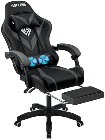 Gaming Chair with Massage Footrest Ergonomic Computer Chair for Boys-Grey