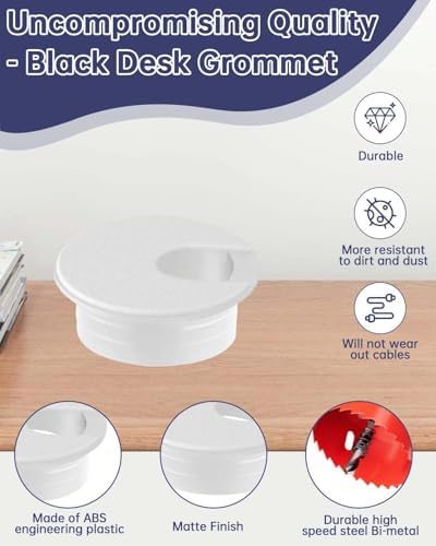 1-3/8 in. Hole Saw with 10PCS White Desk Grommet - Cable Management Kit for TV, Office, and Home Table - Hide Wires Behind Wall, TV Wall Cable Pass Through, Desk Cable Hole Covers